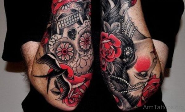 Grey ink Sugar Skull Tattoos On Arm