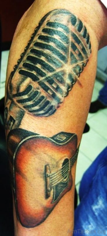 Guitar Tattoo With Mic On Forearm 