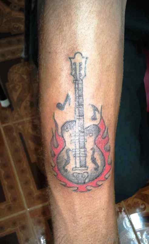 Guitar With Red Flames On Forearm 