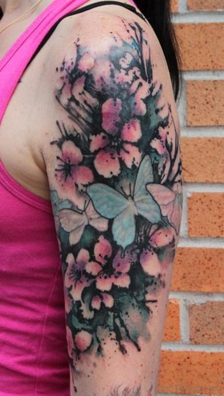 Half Sleeve Butterfly Cherry Blossom Tattoo