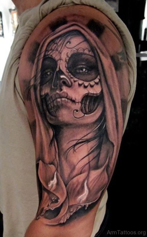 Horrible Zombie Girl Tattoo On Shoulder