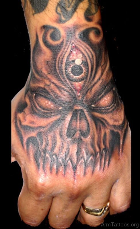 Horror Skull Tattoo On Left Hand