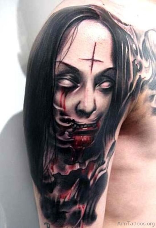Horror Zombie Girl Face Tattoo On Right Arm 