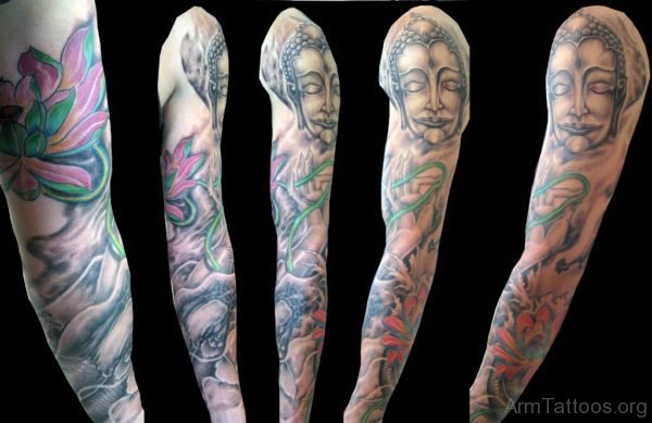 Impressive Buddha Tattoo On Full Sleeve