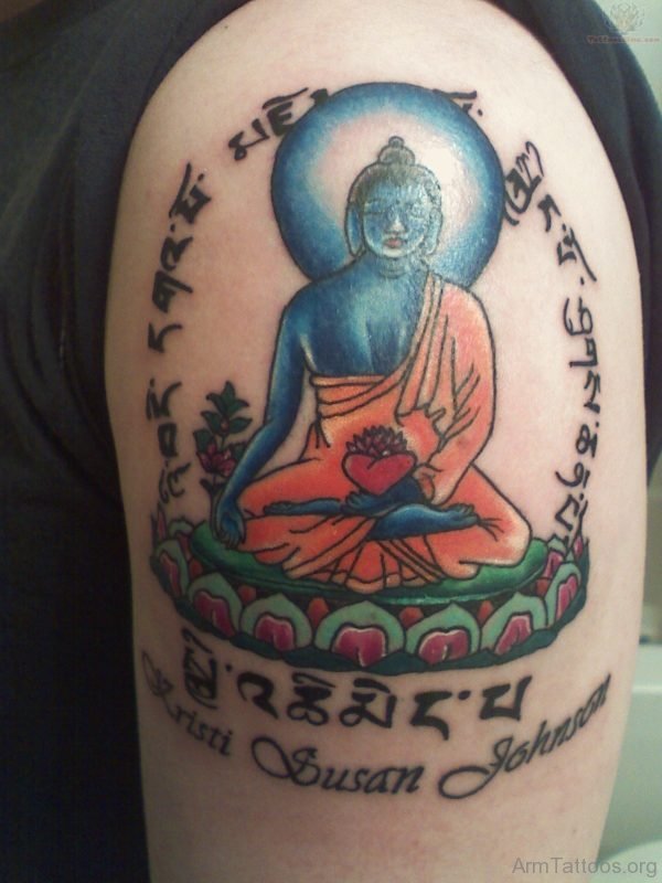 Impressive Buddhist Tattoo On Shoulder 