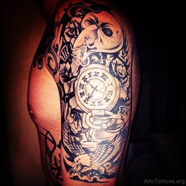 Impressive Clock Tattoo Design On Arm 