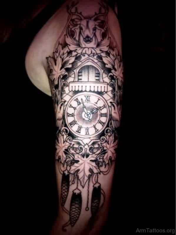 Impressive Clock Tattoo Design On Half Sleeve 