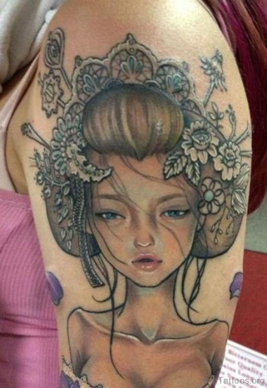 Impressive Grey Ink Geisha Tattoo