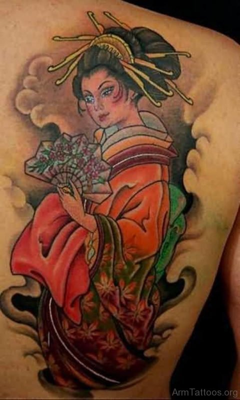 Japanese Geisha Tattoo On Back Shoulder