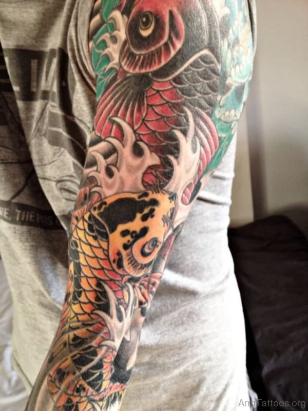 Japanese Koi Fishes Tattoo On Left Full Sleeve