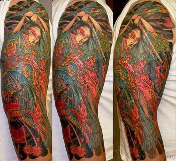 Japanese Lady Warrior And Dragon Tattoos