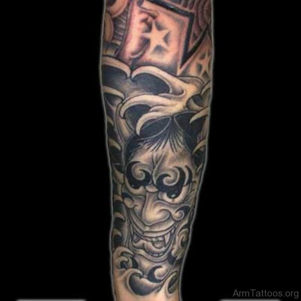 Japanese Mask Tattoo On Arm