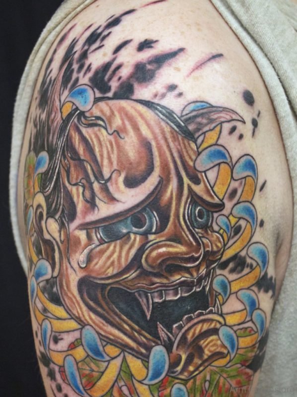 Japanese Oni Mask Tattoo On Arm For Men
