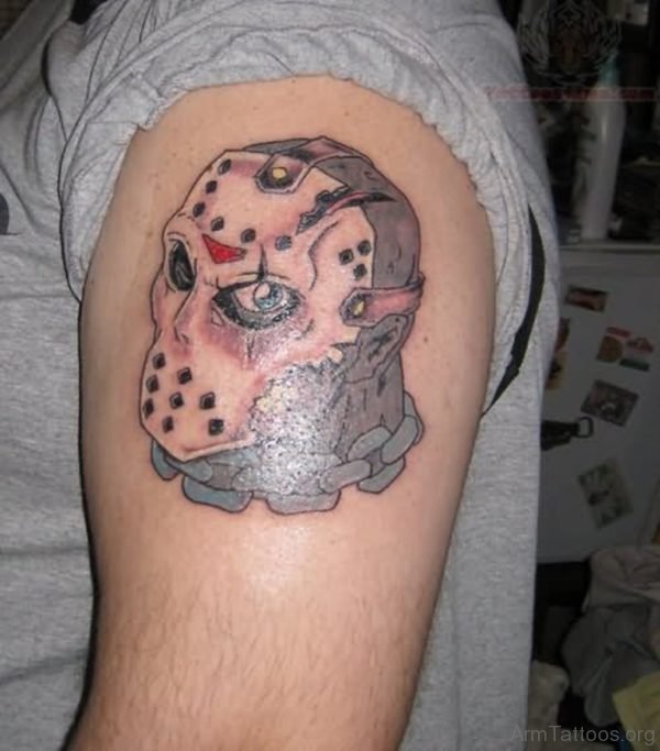Jason Vorhees Mask Tattoo On Left Arm 
