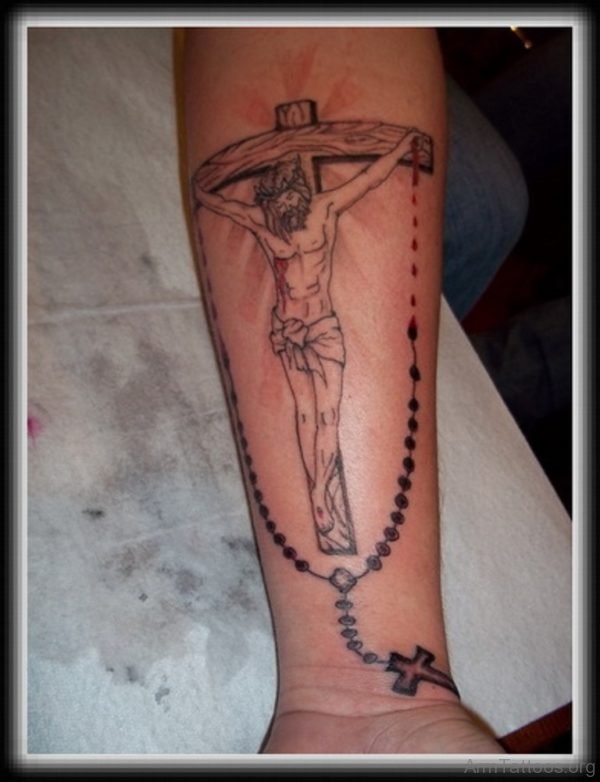 Jesus Cross n Rosary Tattoo On Forearm