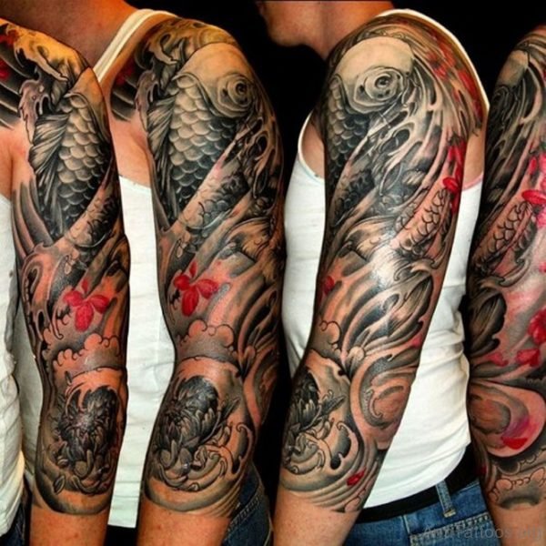 Koi Fish Tattoo Sleeve with Flowers