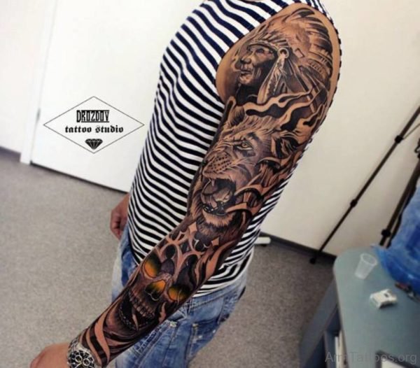 Lion And Skull Tattoo On Full Sleeve 