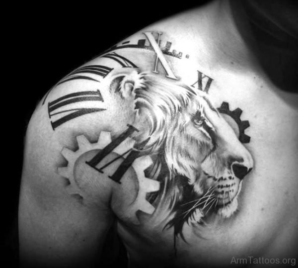 Lion Face Clock Tattoo Design 