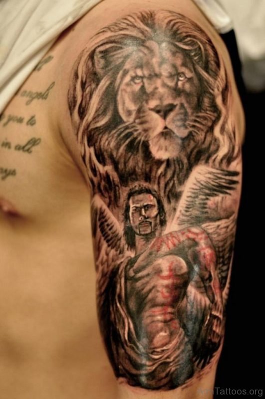 Lion and Male Guardian Angel Tattoo