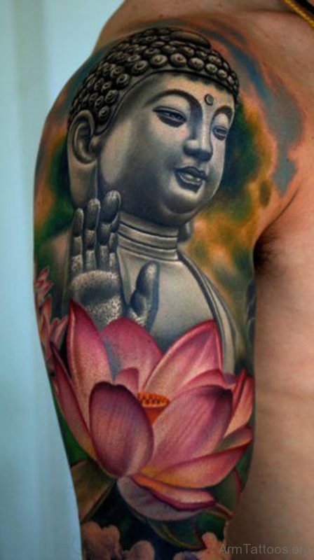 Lotus And Buddha Tattoo on Shoulder