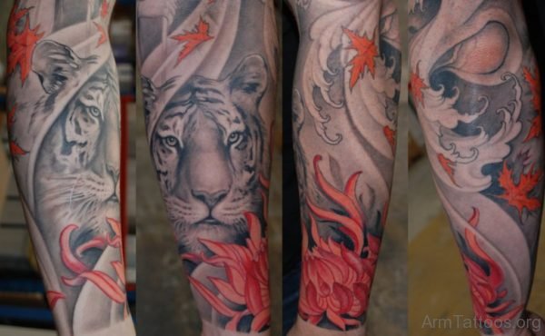Lotus And Tiger Tattoo On Arm