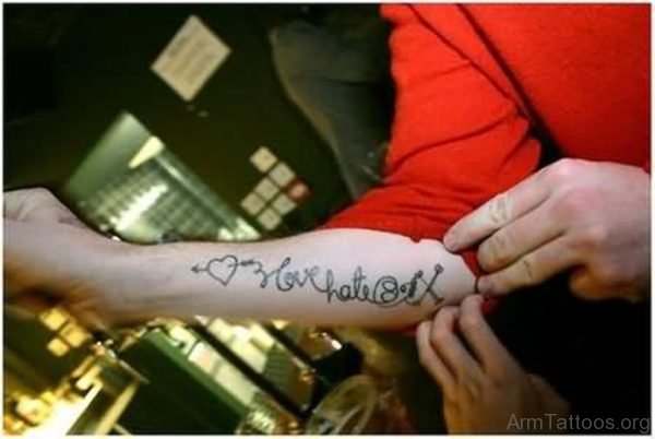 Love Hate Ambigram Tattoo On Arm