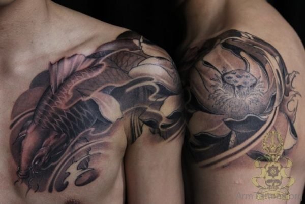 Lovely Black Fish Shoulder Tattoo Design