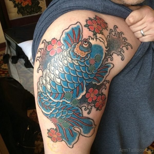 Lovely Blue Fish Shoulder Tattoo 