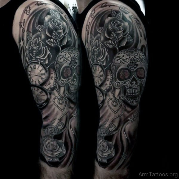 Male Sugar Skull Tattoo Full Arm Sleeve