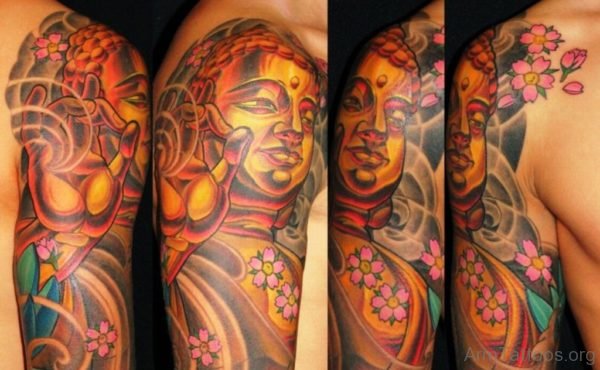 Massive Buddha Tattoo With Flowers 