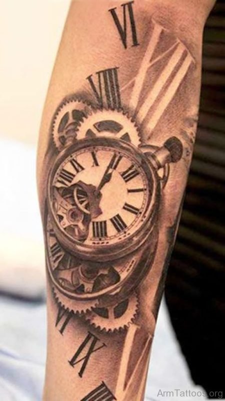 Mechanical Clock Tattoo On Arm Sleeve