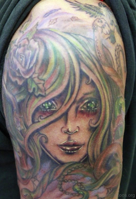 Medusa With Green Eyes Tattoo 