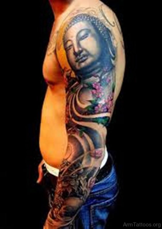 Mind Blowing Buddha Tattoo On Full Sleeve