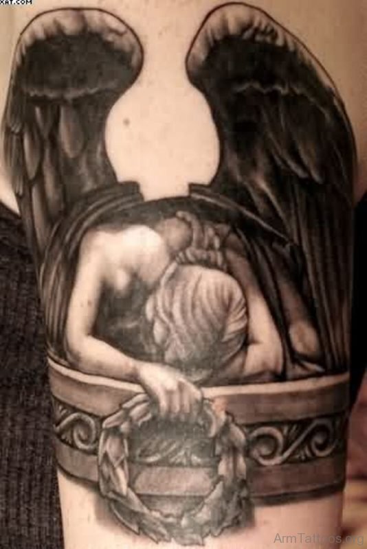 New Grey Ink Sad Angel Tattoo On Arm