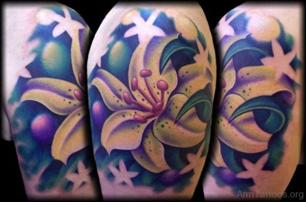 Nice Beautiful Lily Flowers Tattoo On Arm