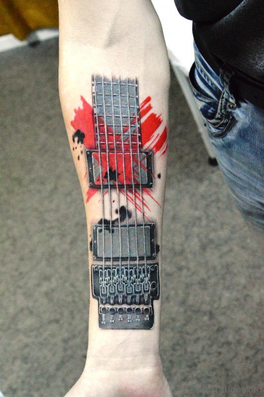 Nice Guitar Tattoo On Arm 