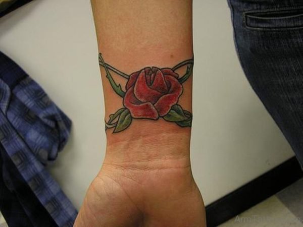 Nice Red Rose Tattoo On Wrist 