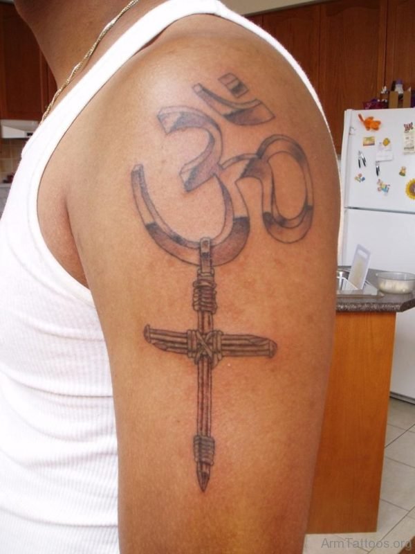 Om And Cross Tattoo On Shoulder