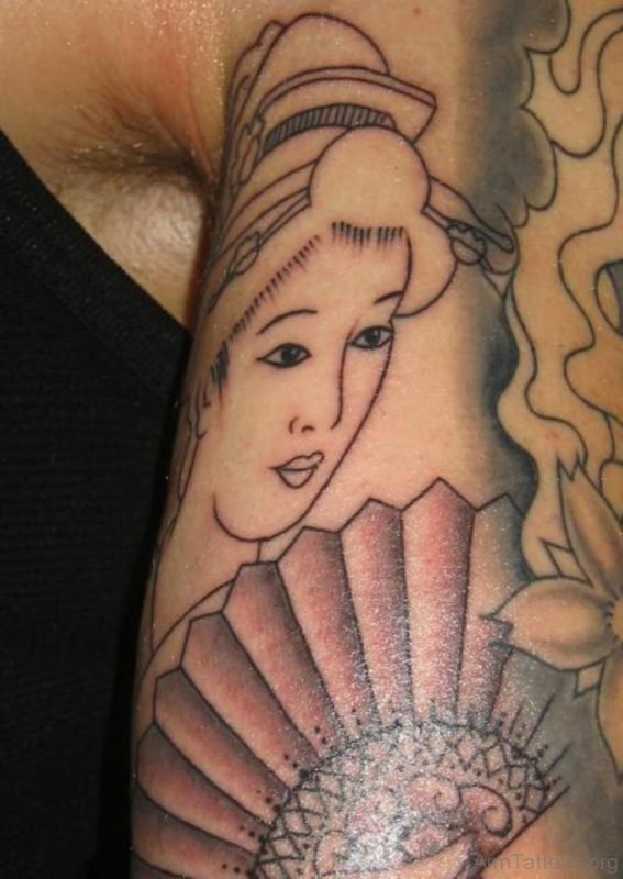 Outline Geisha Girl Tattoo On Shoulder