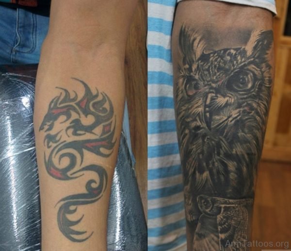 Owl And Dragon Tattoo On Both Arm