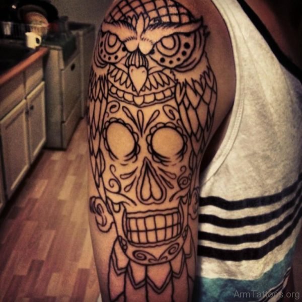 Owl With Skull Outline Tattoo On Shoulder