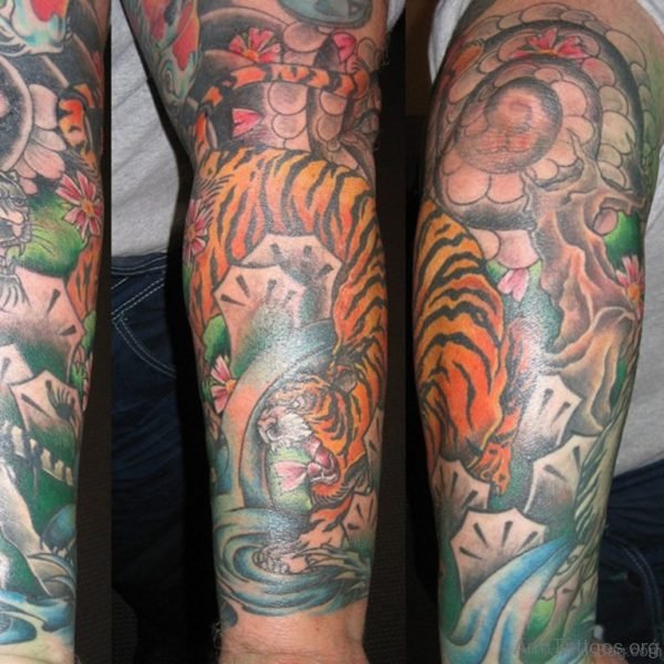 Perfect Tiger Tattoo Design On Full Sleeve