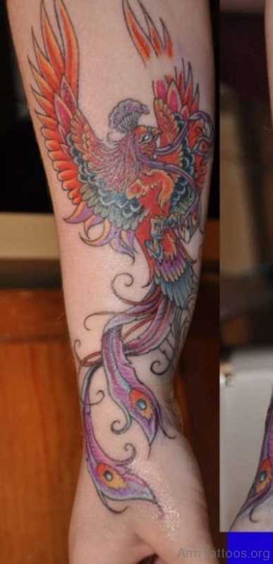 Phoenix With Flaming Tails Tattoo On Arm