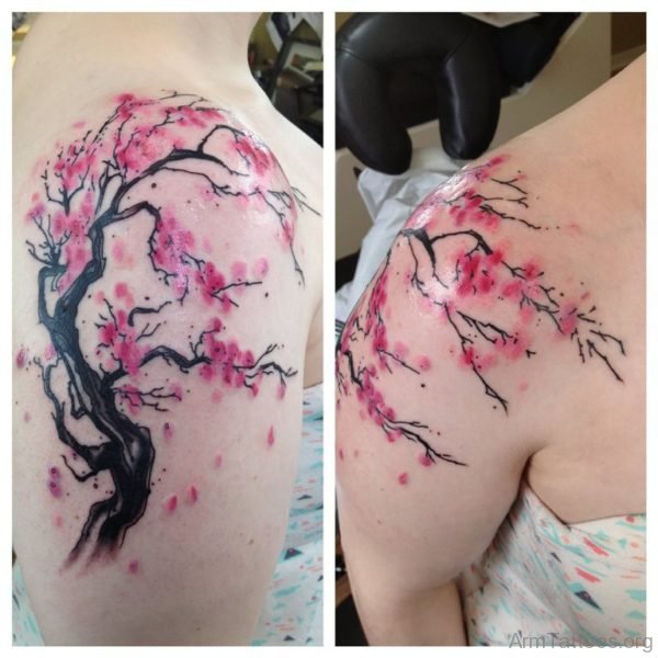 Pink Cherry Blossom Tree Tattoo On Girl Shoulder