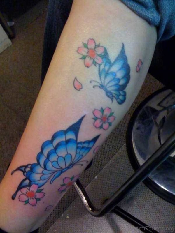 Pink Flower And Butterfly Tattoo