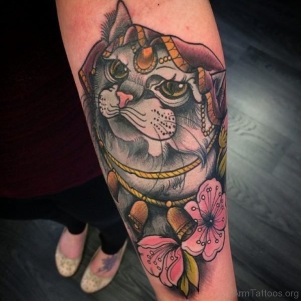 Pink Flower And Cat Tattoo