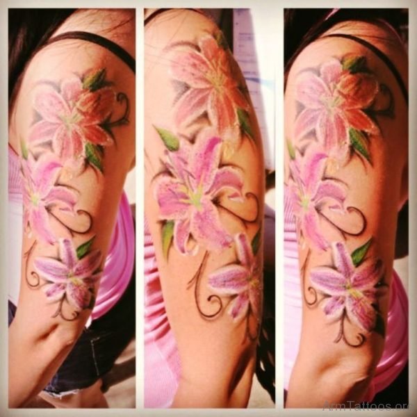 Pink Lily Tattoo On Half Sleeve