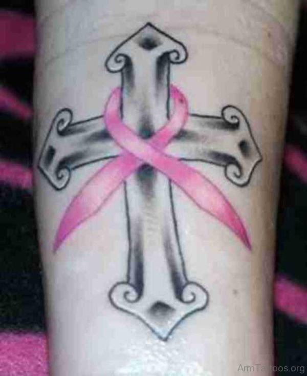 Pink Ribbon And Cross Tattoo