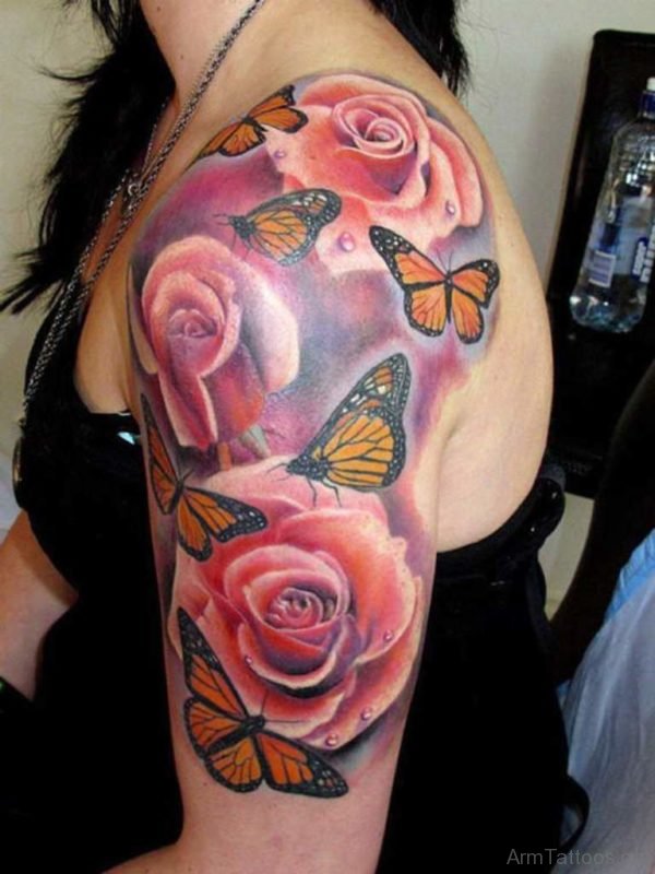 Pink Rose And Butterfly Tattoo