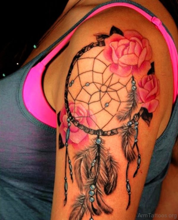 Pink Rose Flower Dream Catcher Tattoo